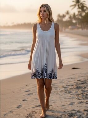 Beachtime Cover-Up Dress with Navy Palm Print, Sz 8